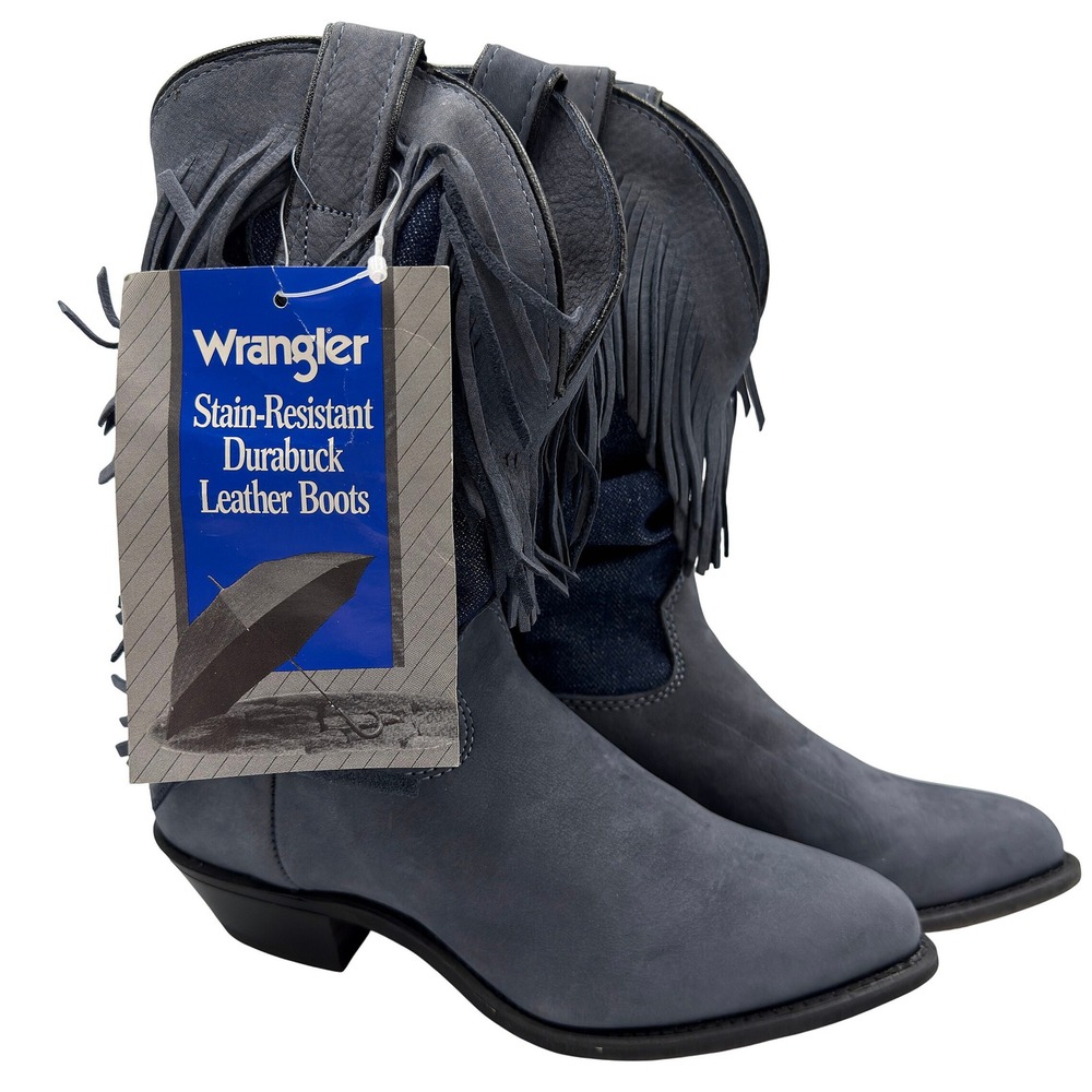 Vtg Wrangler Womens Durabuck Leather Fringe Western Boots Navy Blue Denim NEW